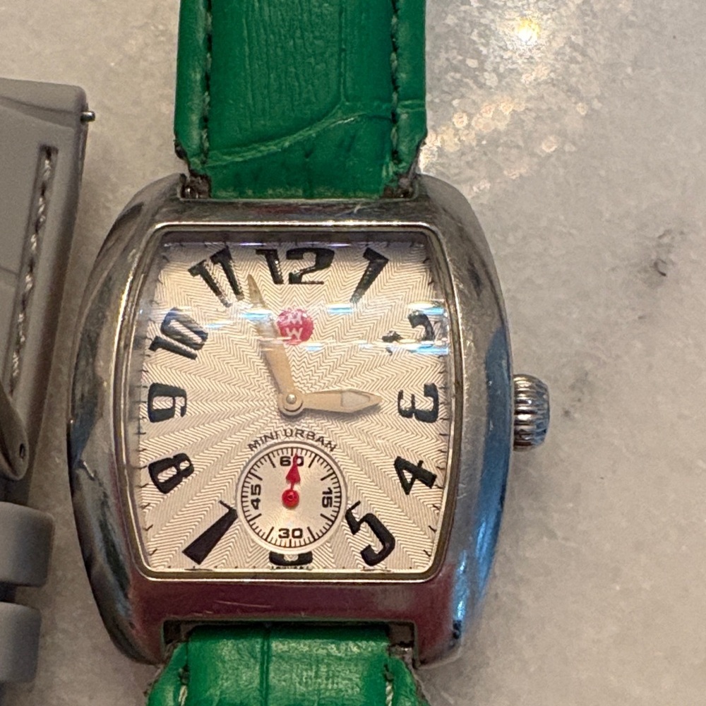 Michele Mini Urban Watch – Silver/Green Leather + Gray Silicone Band | EUC - Picture 2 of 6